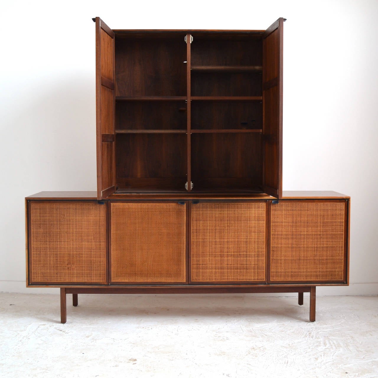 Mid-20th Century Teak Cane Front Credenza and Cabinet by Founders