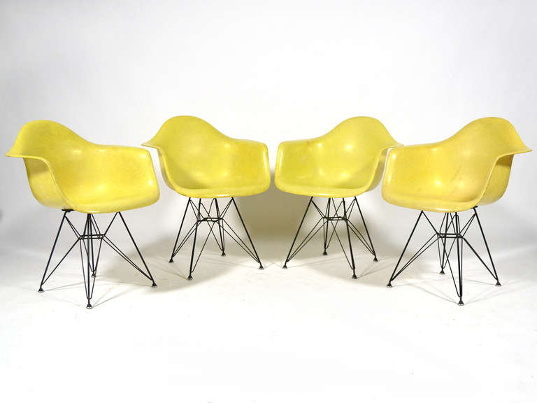 The earliest fiberglass Eames chairs were produced by Zenith Plastics and came in a limited palate of five colors including lemon yellow. The Zenith produced shells are distinctive for their high fiber content, larger, more substantial rubber shock