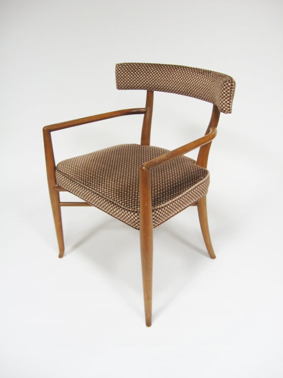 T.H. Robsjohn-Gibbings sophisticated designs for Widdicomb are so refined that no detail, however small, is overlooked. 

This set of 4 chairs are in original condition and are in need refinishing and reupholstery which we can facilitate in the