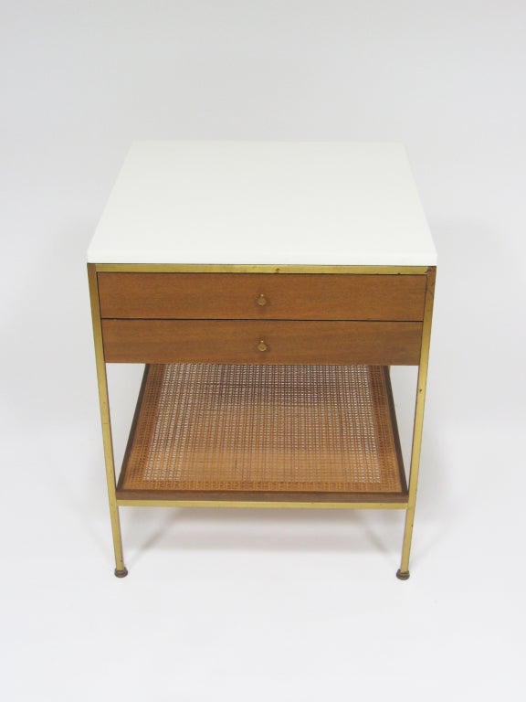 Mahogany Paul McCobb end table/ nightstand with white glass top by Calvin