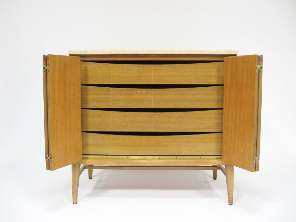 Mid-20th Century Two Paul McCobb cabinets with travertine tops by Calvin