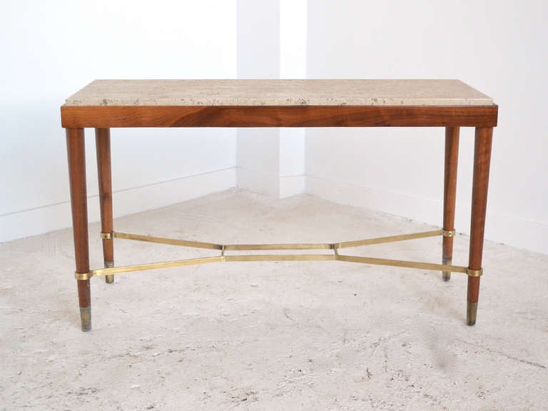 Mid-Century Modern Italian Walnut Table with Travertine Top and Brass Stretchers