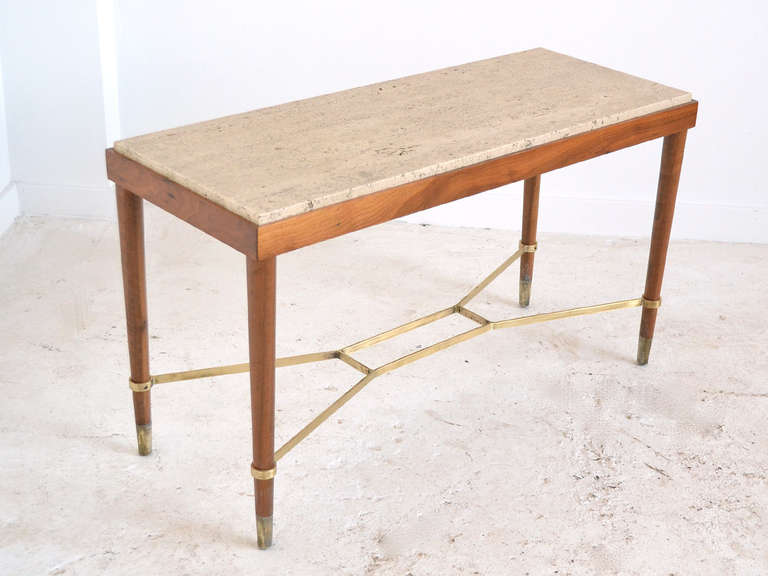 Italian Walnut Table with Travertine Top and Brass Stretchers In Good Condition In Highland, IN