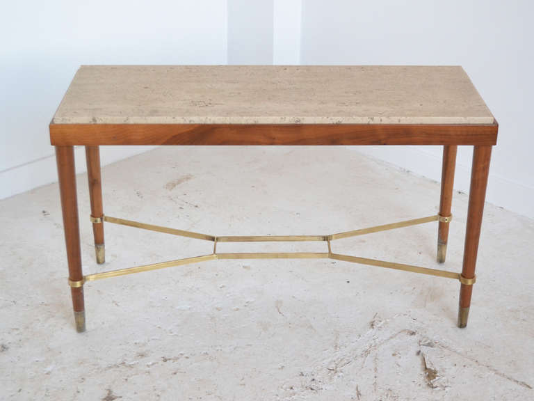 Mid-20th Century Italian Walnut Table with Travertine Top and Brass Stretchers