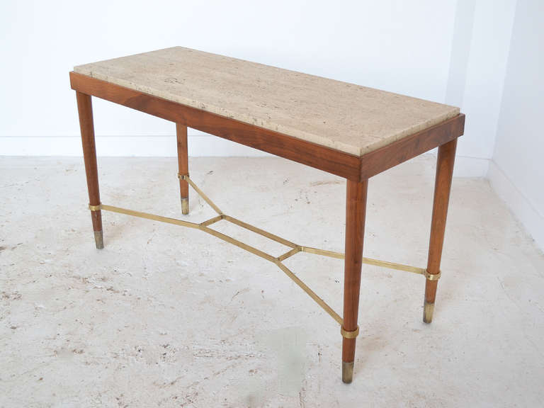 Mahogany Italian Walnut Table with Travertine Top and Brass Stretchers