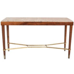 Italian Walnut Table with Travertine Top and Brass Stretchers