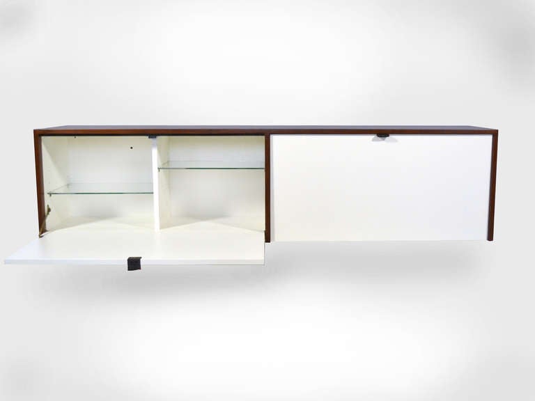 Mid-Century Modern Pair of Florence Knoll Walnut Wall Mounted Credenzas or Cabinets