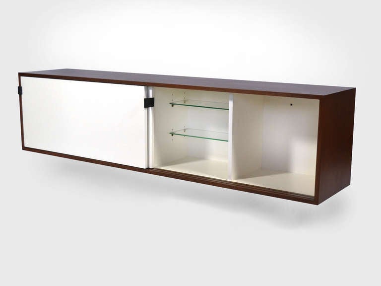 Glass Pair of Florence Knoll Walnut Wall Mounted Credenzas or Cabinets