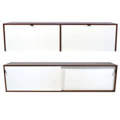 Pair of Florence Knoll Walnut Wall Mounted Credenzas or Cabinets 1