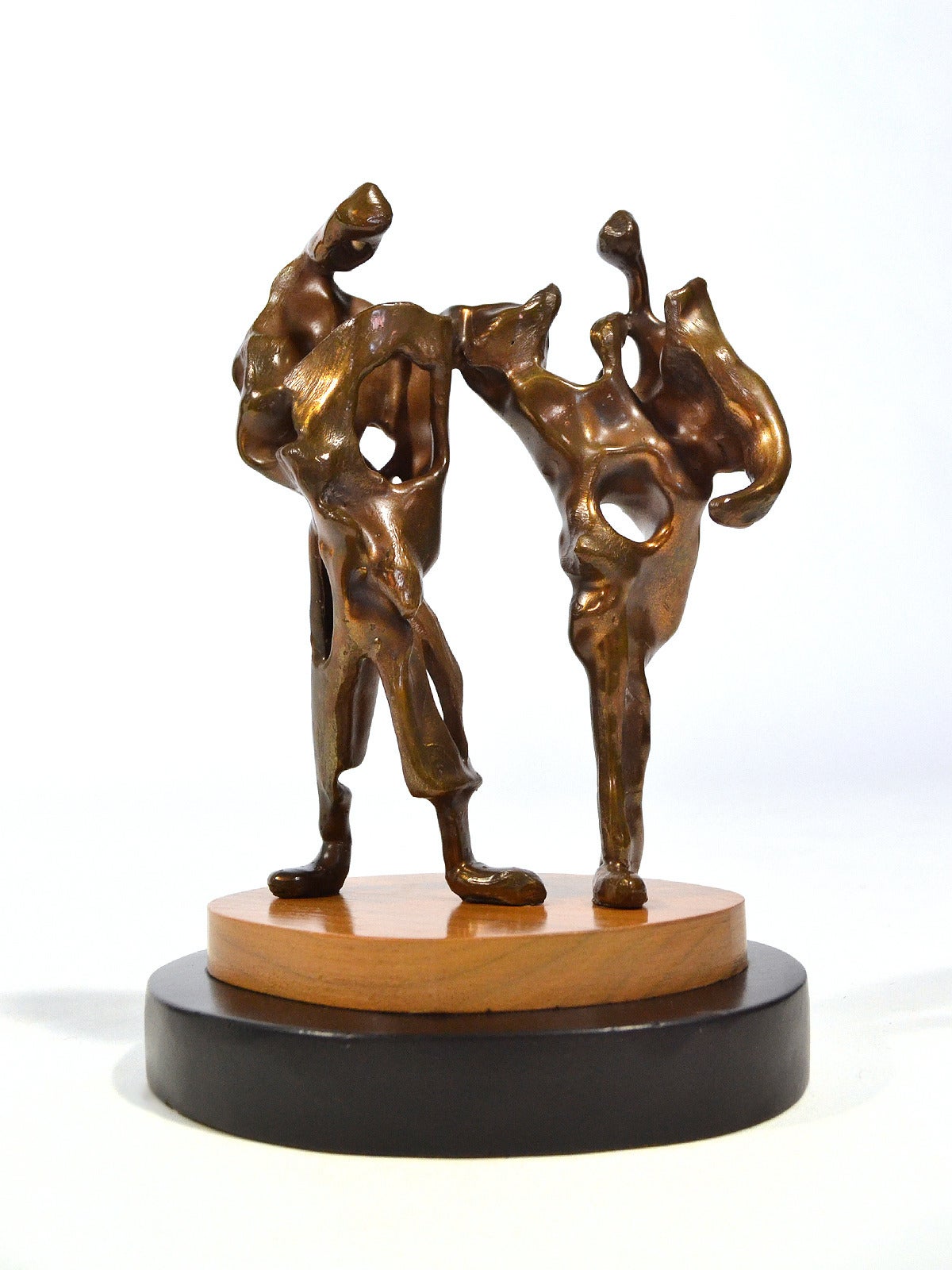Named after the French dance, this wonderful abstract bronze by modernist sculptor Max Fleisher (1914-1977) has wonderful wiggly, fluid lines and a great use of negative space. Two stylized figures appear to meld together in motion. They are mounted