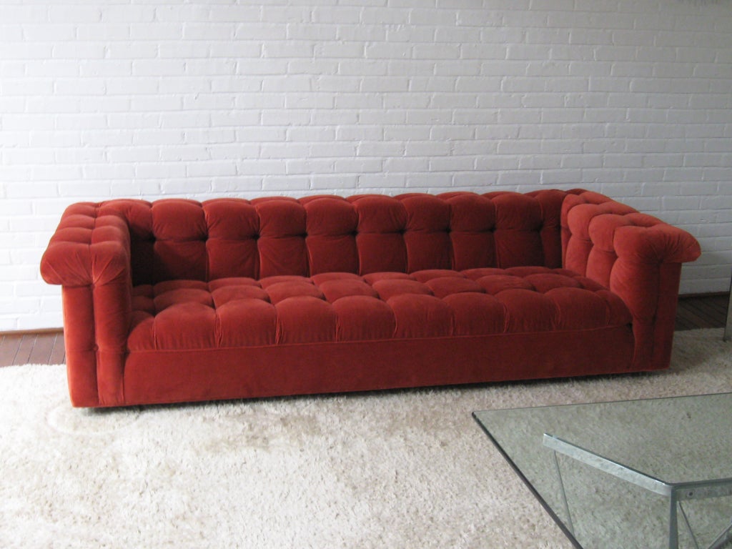 Wood Edward Wormley model 5407 sofa by Dunbar in Jack Lenor Larsen