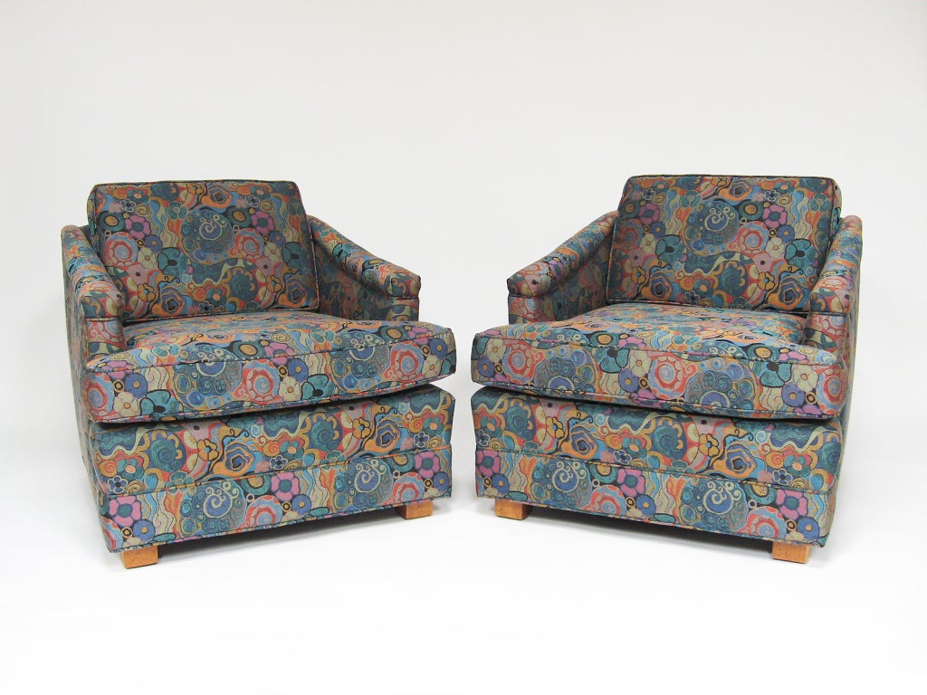 American Pair of Wormley lounge chairs upholstered in Jack Lenor Larsen