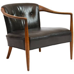 Leather Lounge Chair with Sculptural Walnut Arms