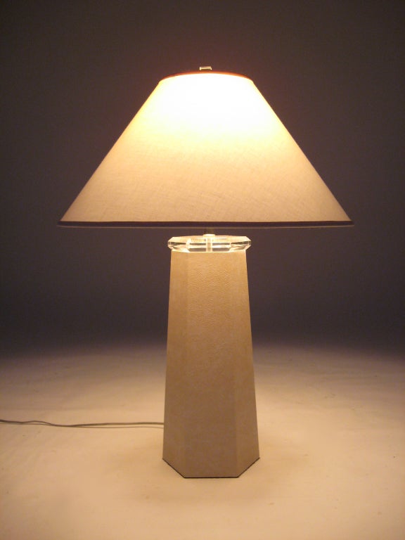 Wood Table Lamp in Faux Lizard with Lucite Details For Sale