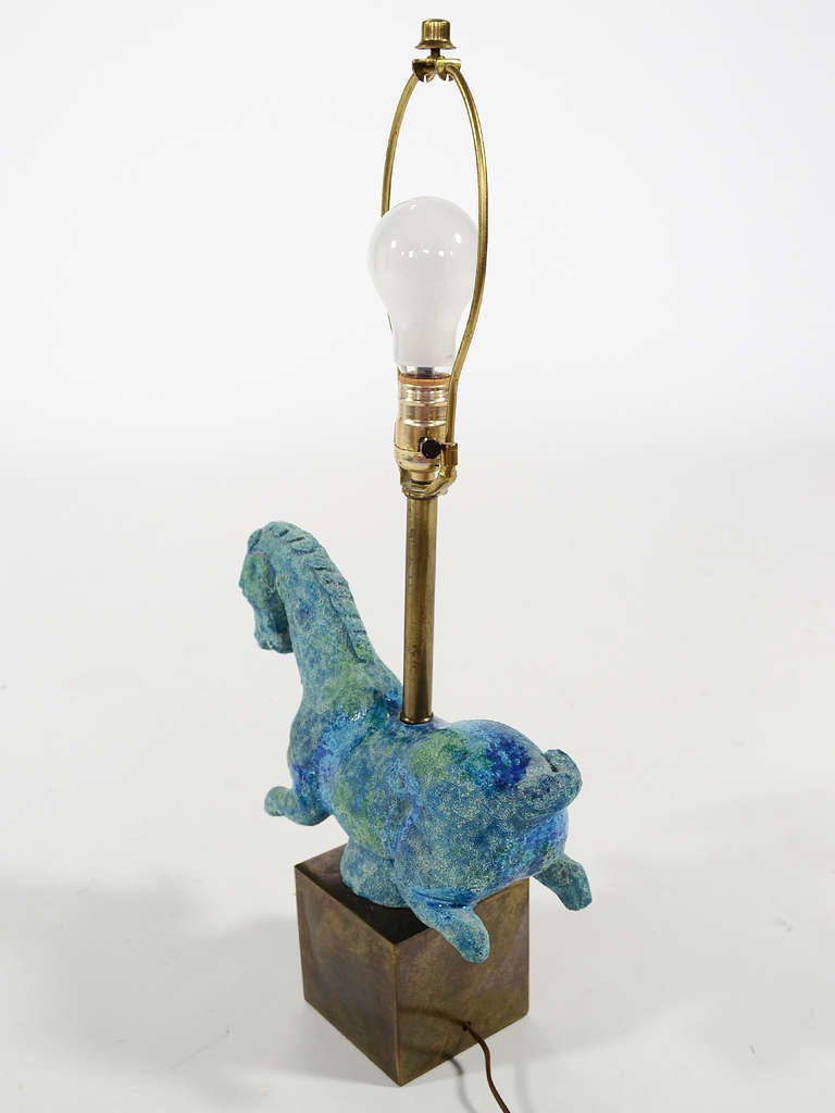 Brass Table Lamp With Ceramic Horse Sculpture By Bitossi