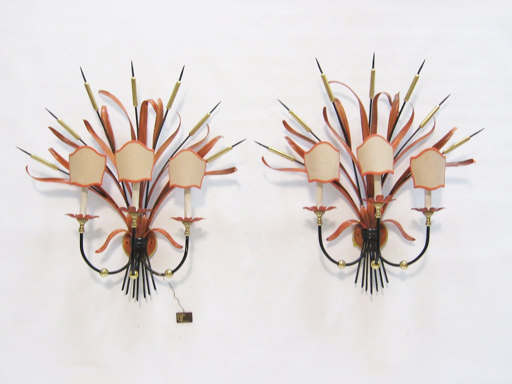 Pair of Italian cattail form wall sconces by BF