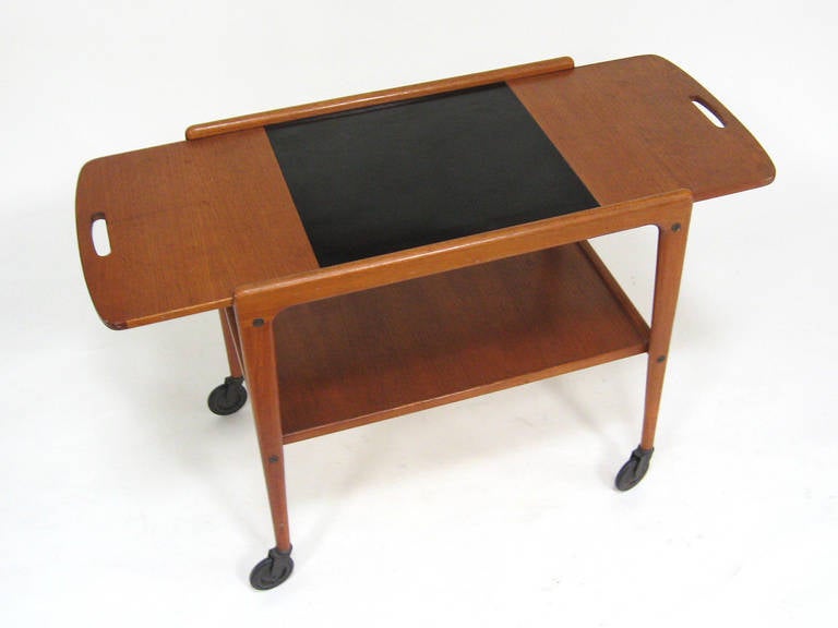 Mid-20th Century Yngve Ekström Teak Serving Cart with Sliding Drop-Leaf Top