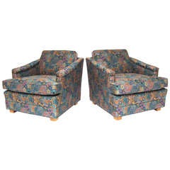 Pair of Wormley lounge chairs upholstered in Jack Lenor Larsen