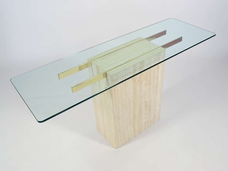 Italian Travertine and Glass Console Table by Ello In Good Condition In Highland, IN