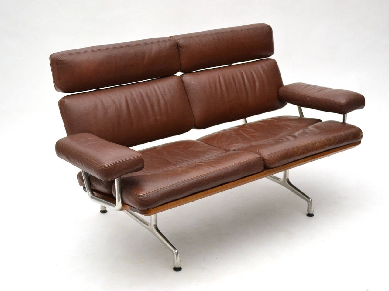Mid-Century Modern Eames Teak and Leather Sofa by Herman Miller
