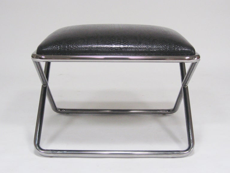 Mid-Century Modern Ward Bennett Style Chrome and Leather X-Base Stool For Sale