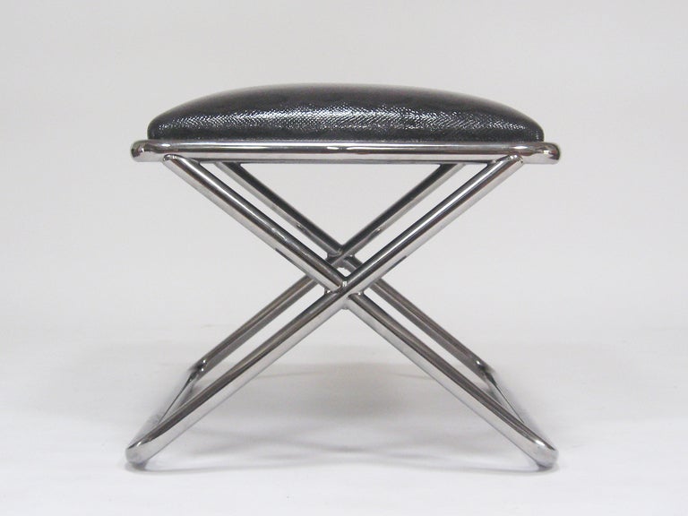 Late 20th Century Ward Bennett Style Chrome and Leather X-Base Stool For Sale