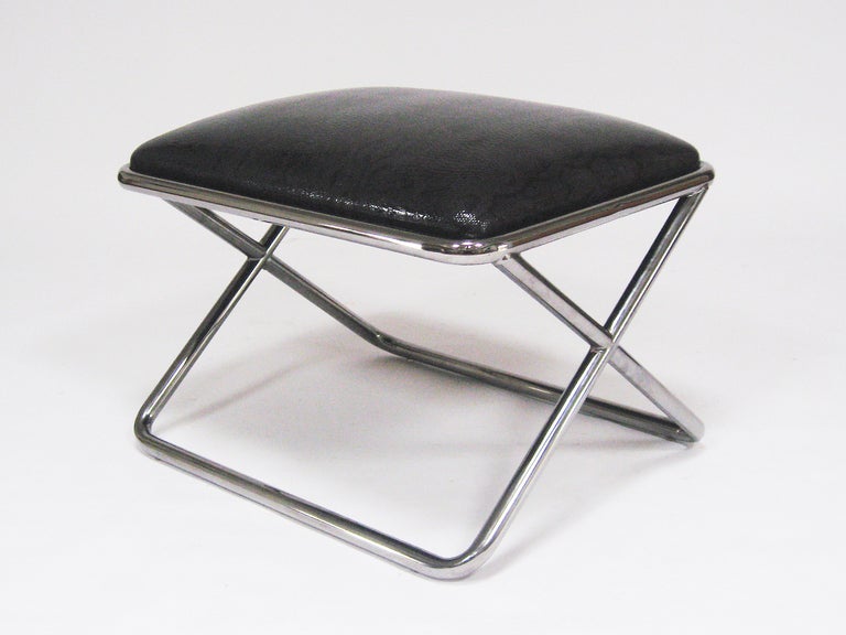 Stainless Steel Ward Bennett Style Chrome and Leather X-Base Stool For Sale