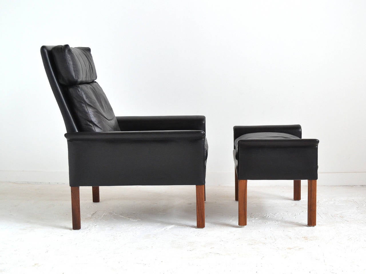 Hans Olsen Leather and Rosewood Lounge Chair and Ottoman 1