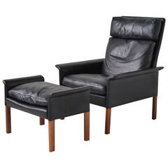 Retro Hans Olsen Leather and Rosewood Lounge Chair and Ottoman