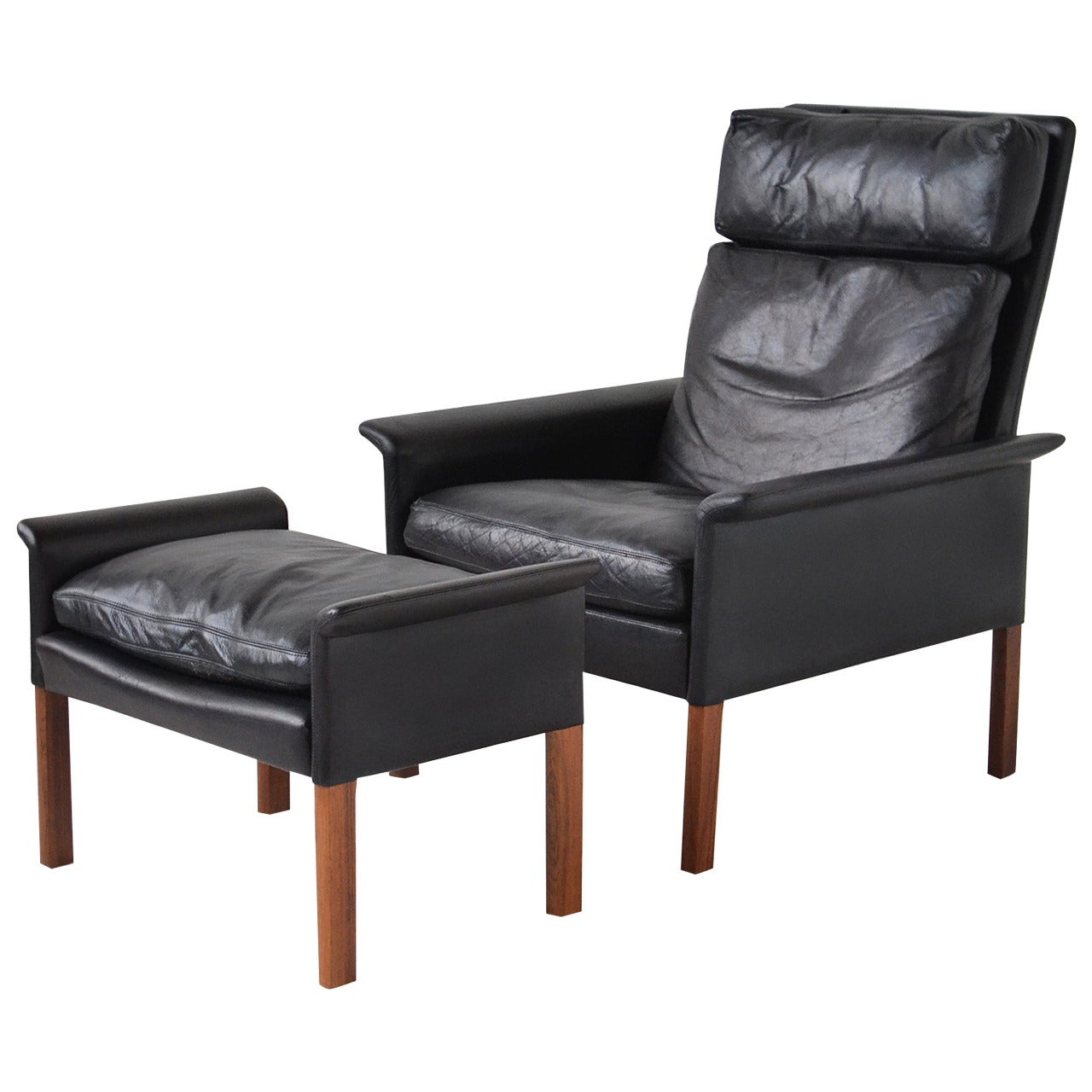 Hans Olsen Leather and Rosewood Lounge Chair and Ottoman