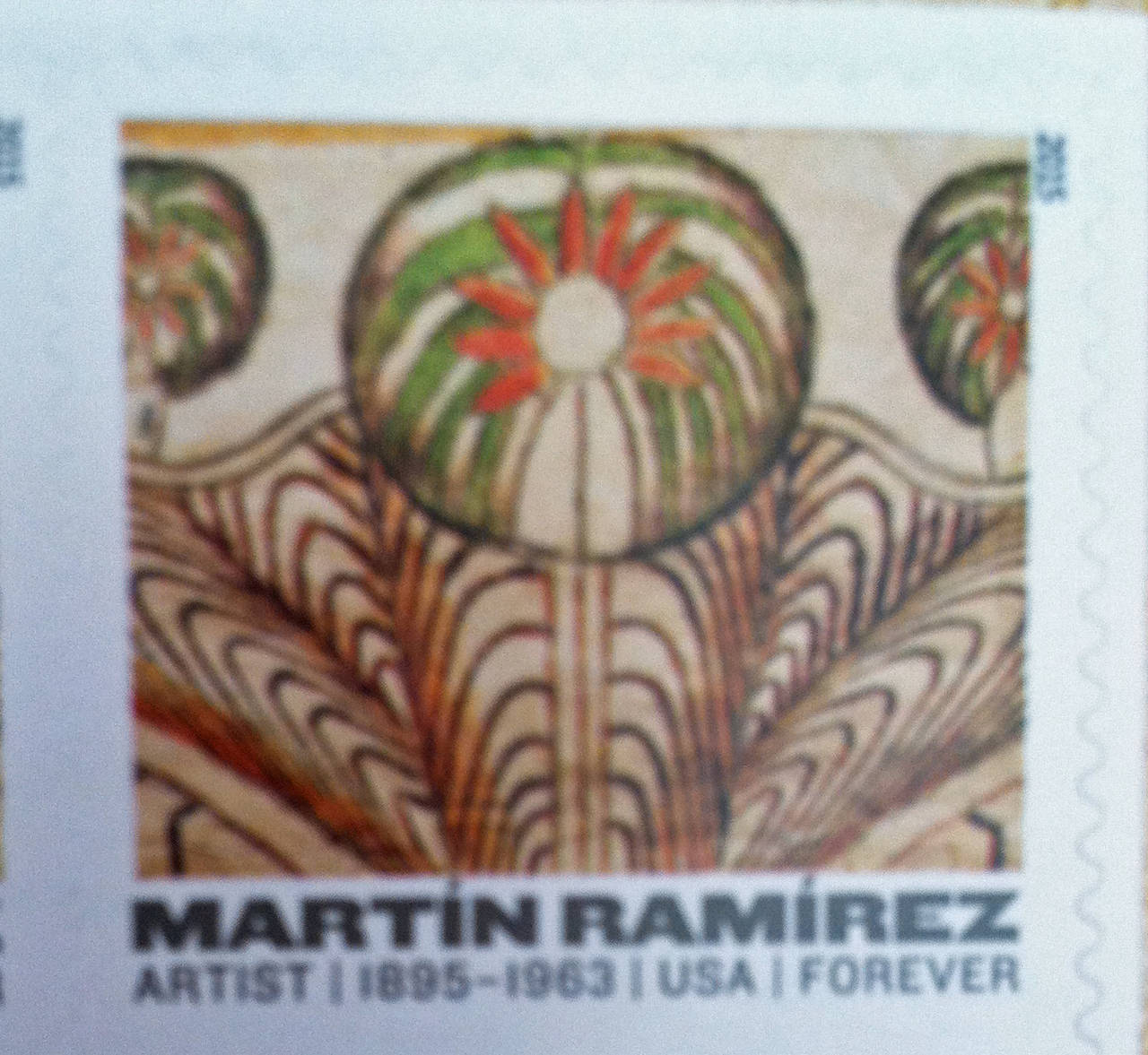 Now seen on the top row of the new Martin Ramirez USPS Forever Stamp released in March, 2015. Please see the second image.

53