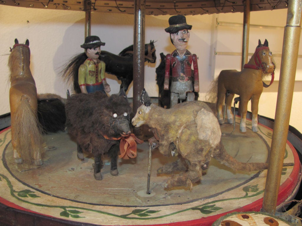 Mid-20th Century J.W. Brungart | Working Mechanical Carousel with Animals and Men