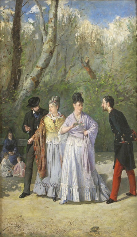 José Bermudo Y Mateos  

Spanish, 1853-1920 

 

“The Encounter” 

 

Oil on canvas 

Signed 'J. Bemudo, 1876', lower left 

39 ½ by 23 ½ in.  

w/frame 47 ½ by 32 in. 

 

      José Bermudo Y Mateos was known was known for