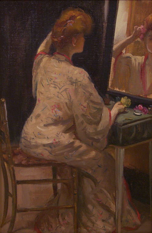 Louis Kronberg 
American, 1872-1965 
 
“Dressing Room” 
 
Oil on canvas 
Signed and dated ‘Louis Kronberg, 1904’ upper left 
18 ¼ by 12 ¼ in.  
w/frame 23 ¾ by 17 ¾ in. 
 
       Louis Kronberg, a popular portraitist of the early 20th