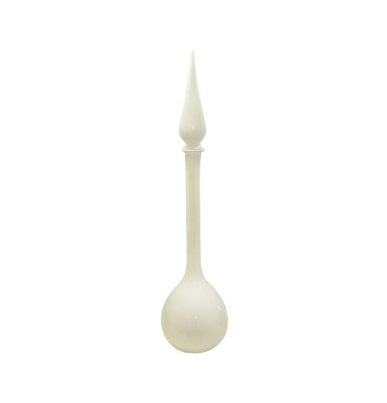 Murano glass decanter with teardrop stopper. Opaque, white, blown glass.