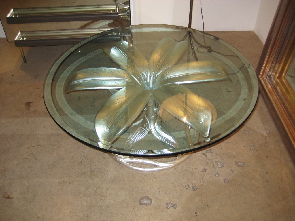 Wonderful large cast-aluminum flower table, great example of Arthur Court's fanciful work with lightly antiqued aluminum leaf finish.