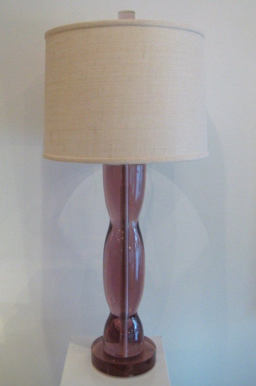 Tall Lucite table lamp in gorgeous lavender color (a bit lighter than main photo)with original finial, signed by Van Teal.  Shade is included but lamp can be sold separately. Shade shown is light burlap, 18