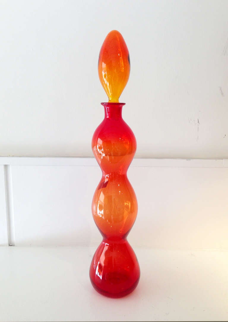 Red Amberina decanter with tear drop stopper by Pilgrim.