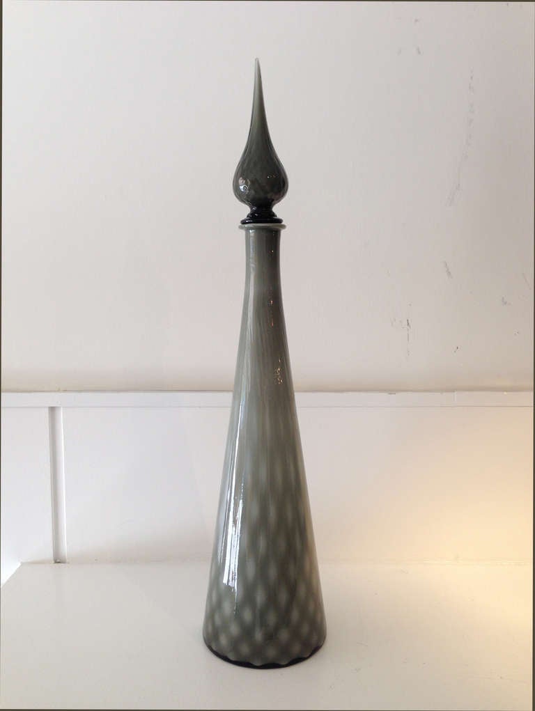 Grey murano decanter with tear drop stopper. Quilted pattern.