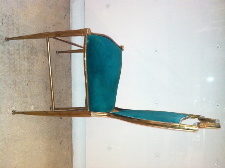 Pair of 1940's Italian Brass Side Chairs with Green Velvet Fabric In Good Condition For Sale In Miami, FL