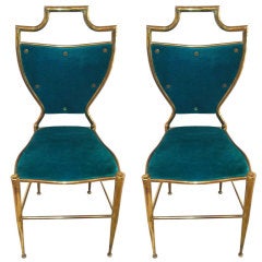 Pair of 1940's Italian Brass Side Chairs with Green Velvet Fabric