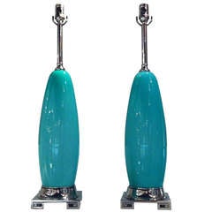 Vintage Pair of Aqua Blue Murano Lamps