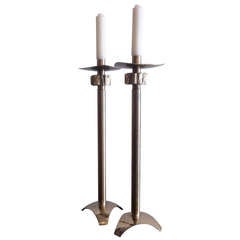 Pair of Tall 1970's Brass Brutalist Candlesticks