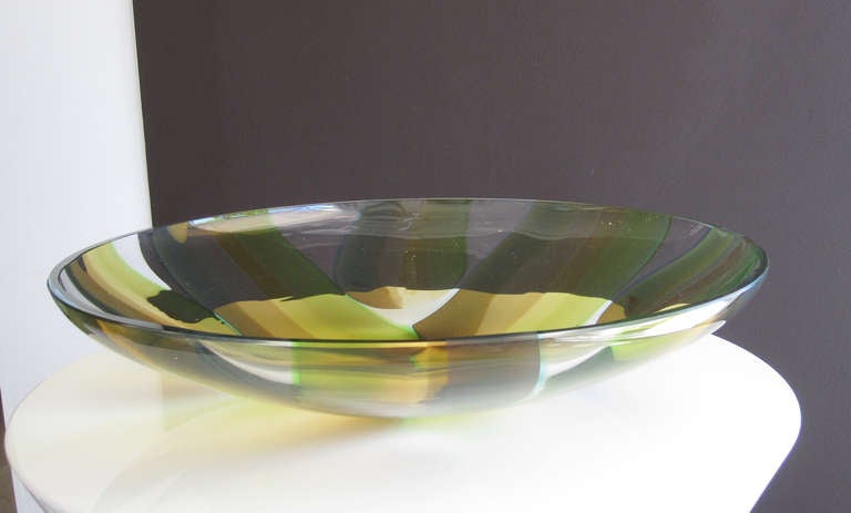 Large green, yellow, brown and blue glass centerpiece bowl by Waterford, Evolution Collection. Signed on bottom. 

Evolution by Waterford is a Collection  that includes art glass vases, bowls & centerpieces, candleholders, platters, collectibles,