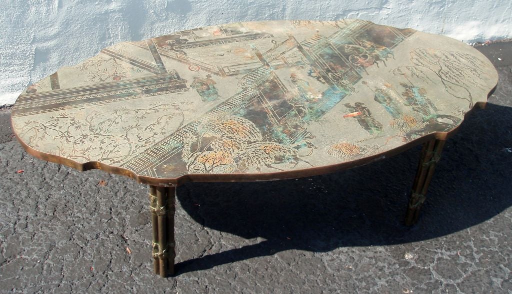 Very Chic Verdigris and Patinated Finished Moulded Bronze Oval Cocktail Table in the Chinoiserie Taste with Multi-Figure and Animal Designs, Mounted on Four, Faux Bamboo Wrapped Legs and Signed By the Father and Son Artists Lower Right Base: Philip