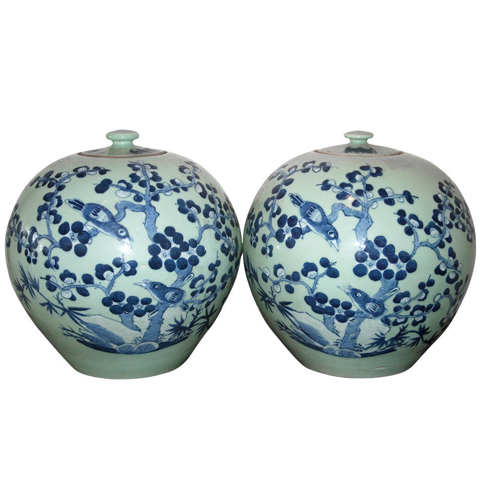 Pair of Celadon and Blue Chinese Export Lidded Melon Jars