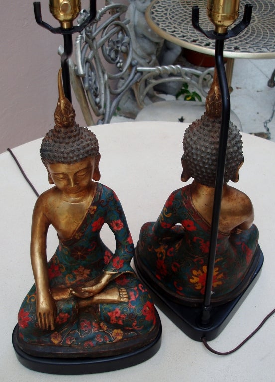 Elegant Pair of Bronze Buddha Lamps 1