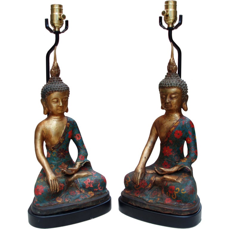 Elegant Pair of Bronze Buddha Lamps