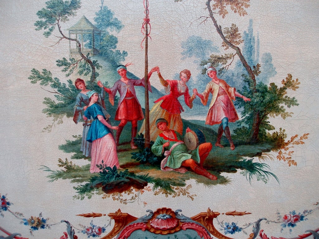 Very elegant and decorative Fête Champêtre oil on canvas painting in the manner of Jean-Baptiste Pillement (French 1728-1808) with central theme of a festive outdoor garden scene with figures dressed in the Chinese taste with fading landscape