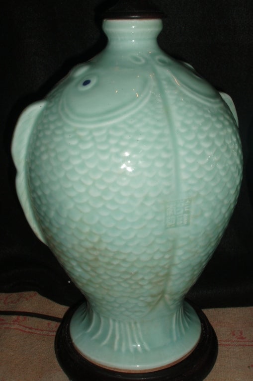 Porcelain Charming Pair of Chinese Celadon Lamps
